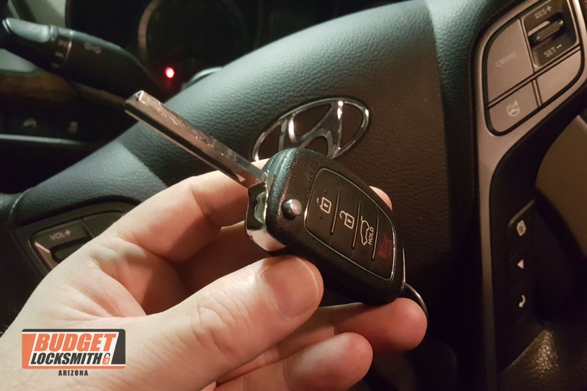 Hyundai transponder key and remote fob inside vehicle for car key replacement Phoenix Arizona