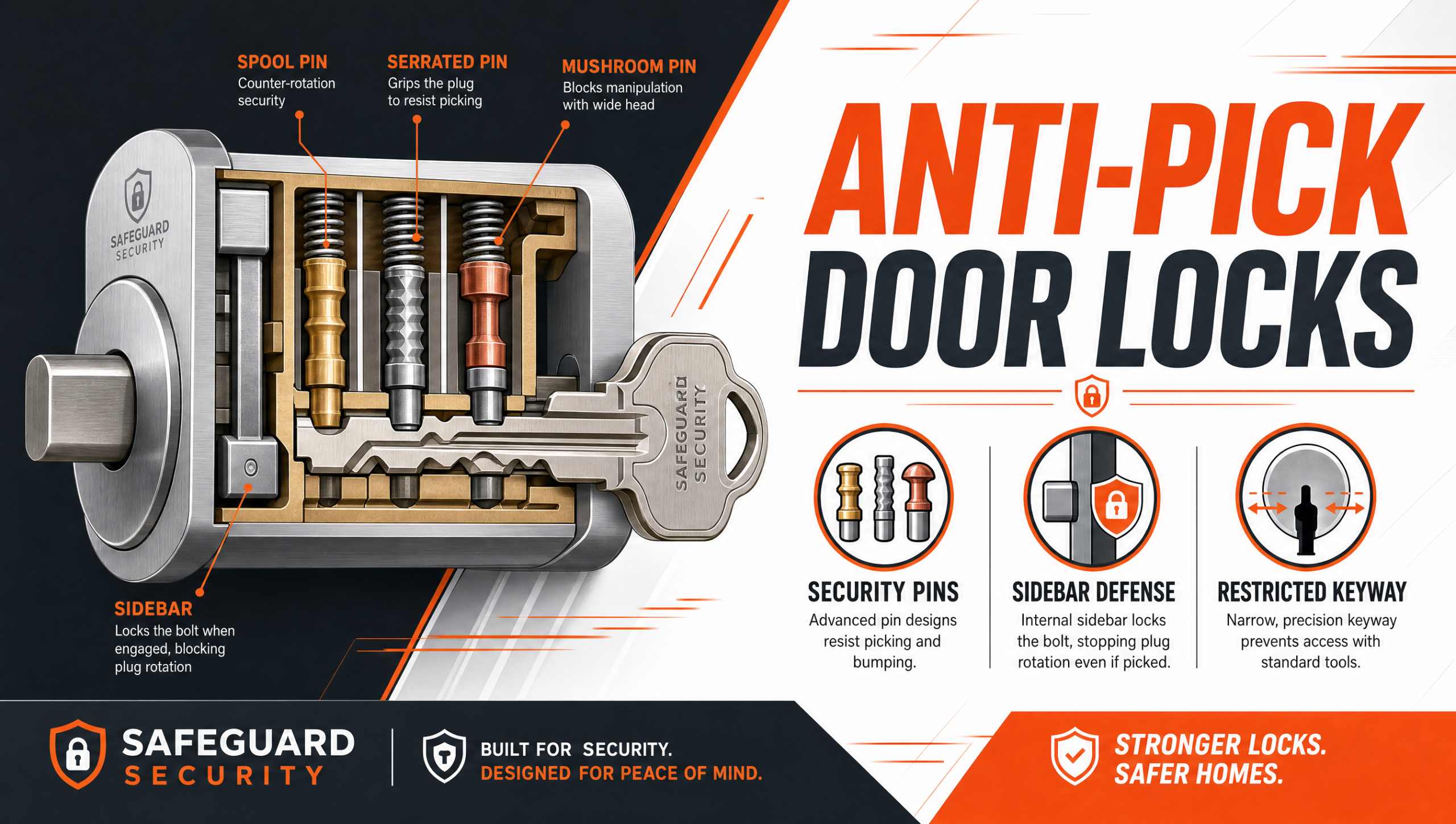 Infographic explaining how anti-pick door locks work with spool security pins, an internal sidebar, and a restricted keyway
