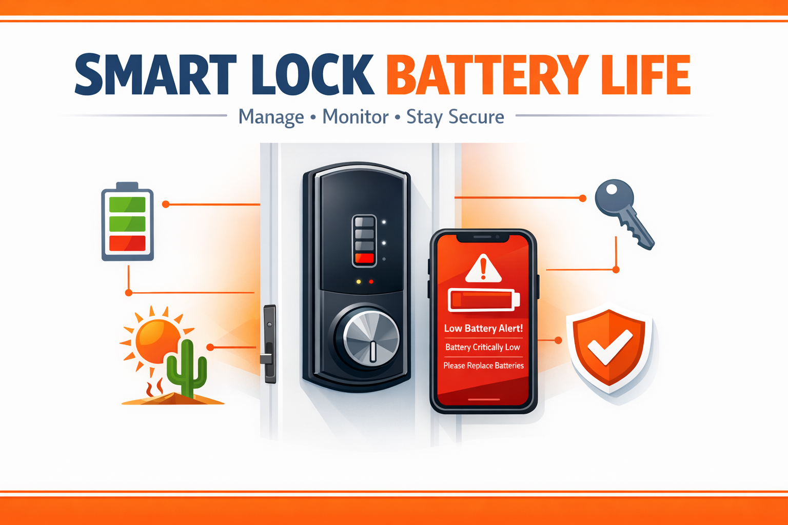 Smart lock battery life infographic — battery monitoring, Arizona heat, and manual backup for a smart deadbolt